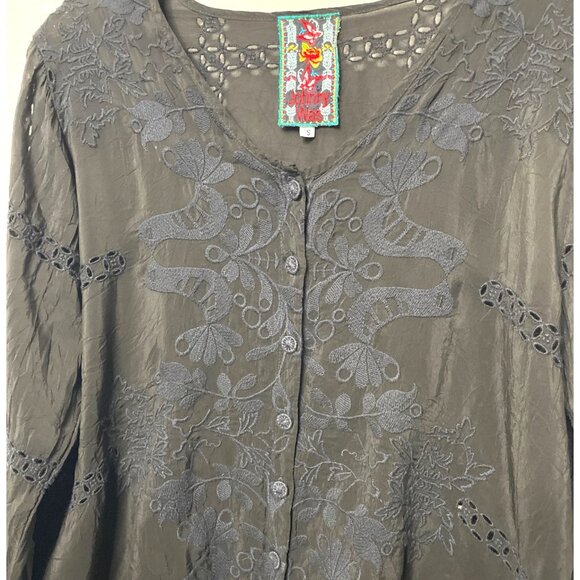 Johnny Was Black Embroidered Button-Front Blouse Roll Tab Sleeve Waist Tie Small - Picture 7 of 11